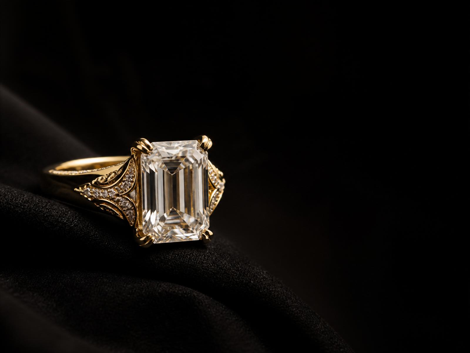 Aurelia Emerald Solitaire — a hand-crafted 18k gold ring with a 3.2ct emerald-cut diamond, resting on black velvet